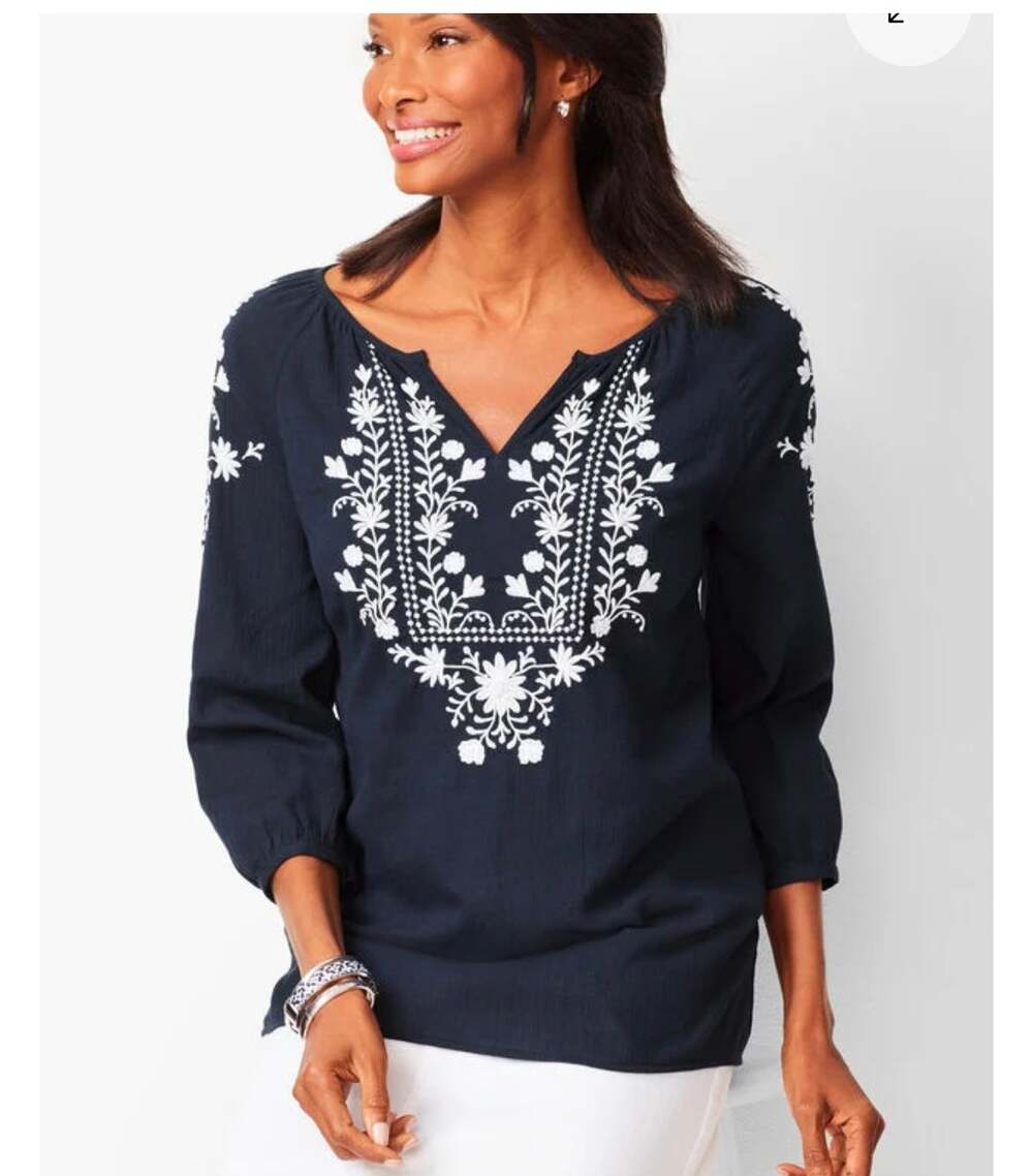 Talbots Navy Embroidered Gauze Popover Sz PXS